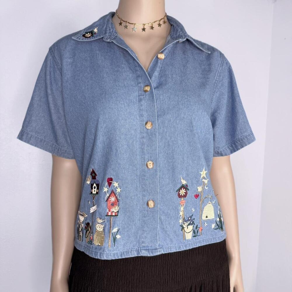 Vintage 90s Denim Cottagecore Shirt Garden Embroidery Button Front Size Large